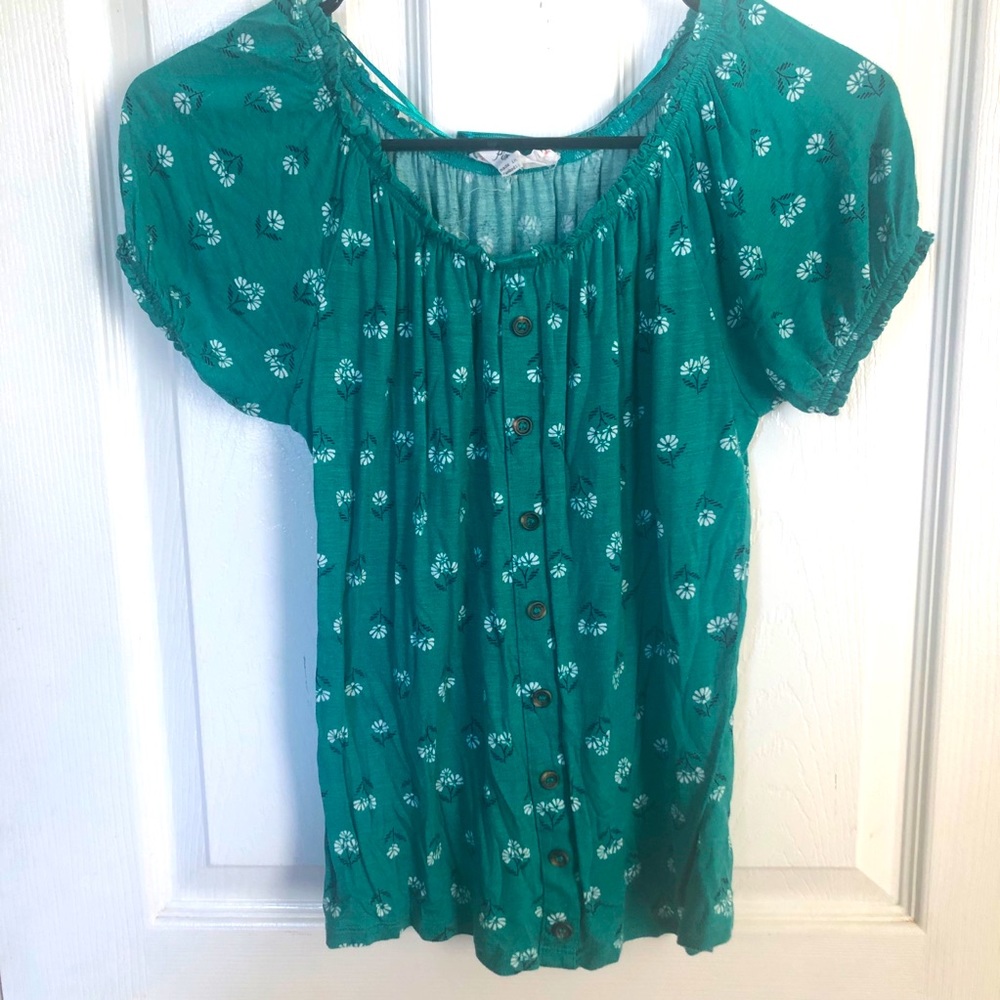 Pink Rose Green Floral Short Sleeve Top Sz Small